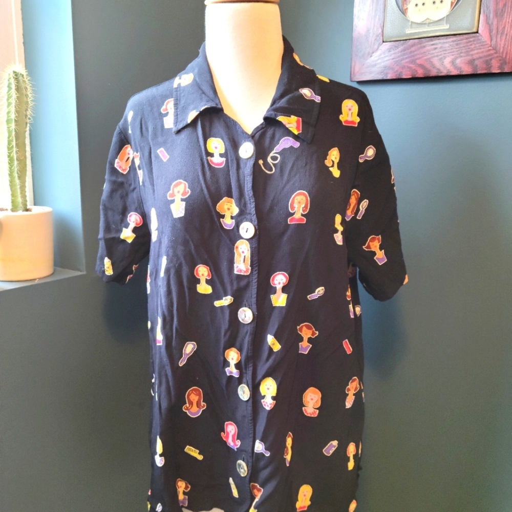 Vintage graphic print 80s button down top ladies faces